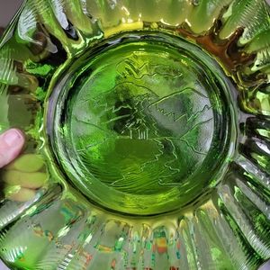 Vintage unique green scalloped etched  glass art mountain scape
